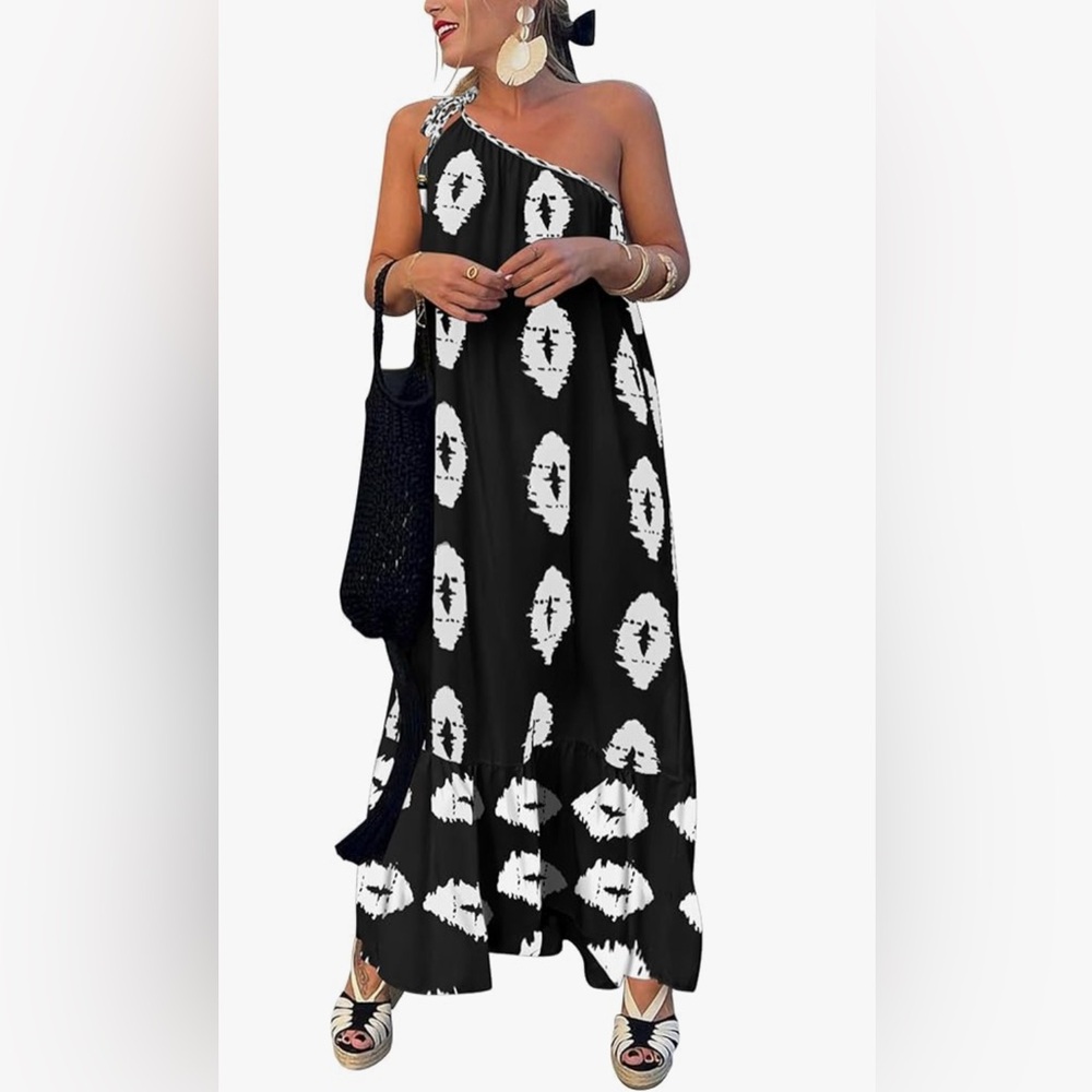 Black and White One-Shoulder Patterned Maxi Dress